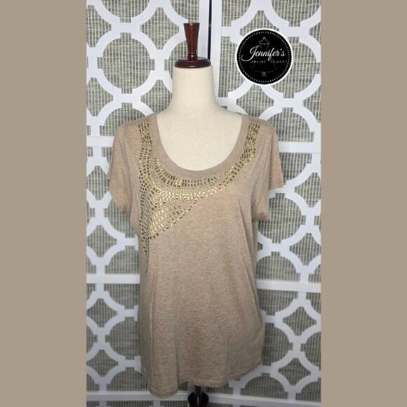 3/$30 Chaus Sport Tan with Gold Embellished Scoop Neck Short Sleeve Top Large - Picture 1 of 10